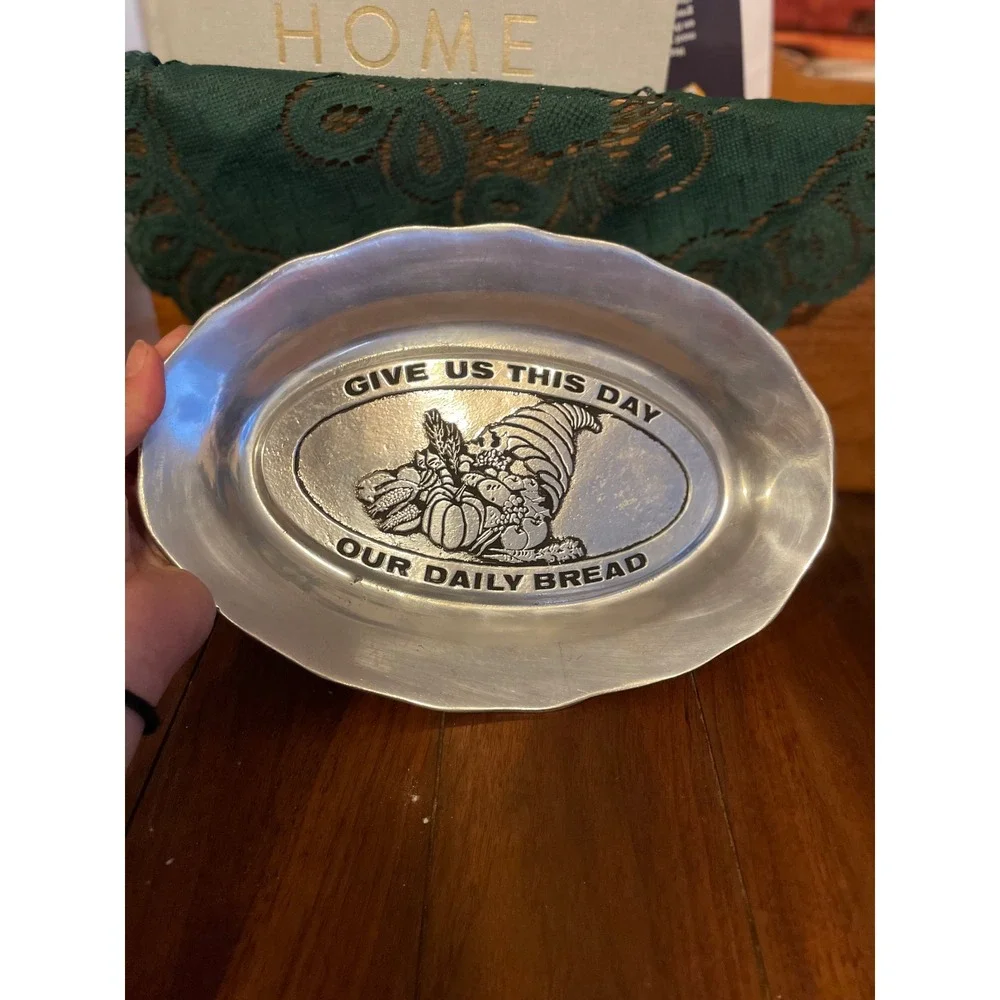Vintage Give Us This Day Our Daily Bread Aluminum Tray Cornucopia Harvest Silver